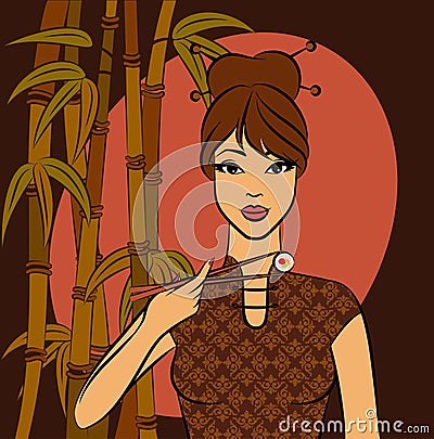 Woman eating traditional japanese food Vector Illustration