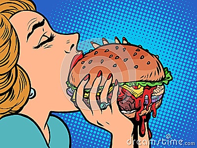 a woman eats a burger, lunch Vector Illustration