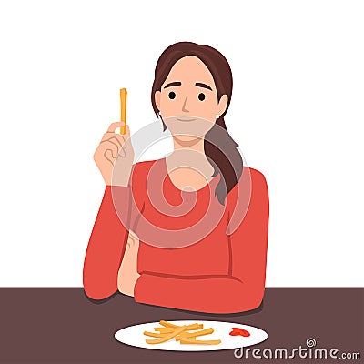 Woman eats french fries without thinking about health risks of fast food and fried snacks. Girl is having lunch in cafe sitting at Vector Illustration