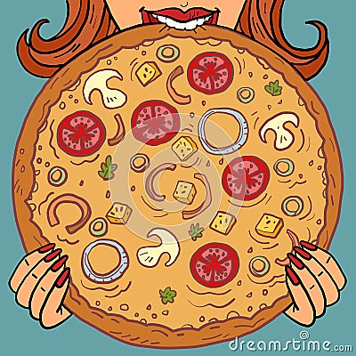 a woman eats. pizza mushrooms tomatoes. restaurant food delivery Vector Illustration