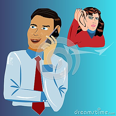 Woman eavesdropping on a man's conversation Vector Illustration