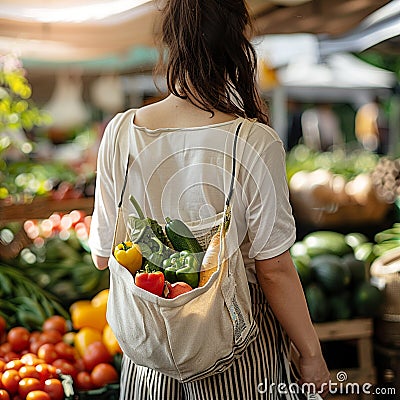 Woman with eco bag shops at local farmers market Stock Photo
