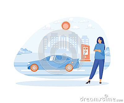 Woman electric car near charging station. Cartoon Illustration