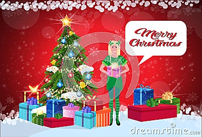 Woman elf costume holding gift box standing near fir tree happy new year merry christmas concept chat bubble flat Vector Illustration