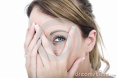 Woman Embarrassed Shy Peeping Through Fingers Stock Photo