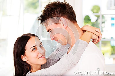 Woman embrancing her lover. Valenine`s day. Love time.. Stock Photo