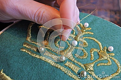 Woman embroidery craft at home Stock Photo