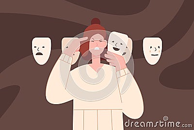 Woman emotion mask. Face behind masks personality psychology, fake person disguise borderline disorder adult girl and Vector Illustration