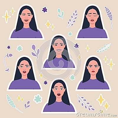 Woman emotional sticker pack. Human emotions. Young woman confusing, crying, smiling, scared, angry and laughing Vector Illustration