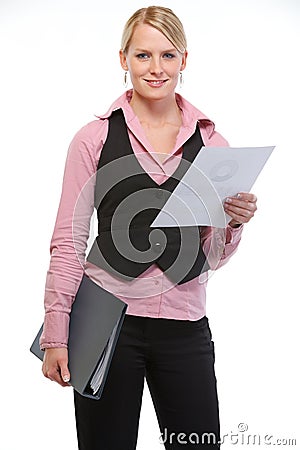 Woman employee holding document and folder Stock Photo