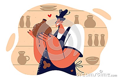 Woman employee of pottery store demonstrates vase made from natural clay for sale at crafts fair Vector Illustration