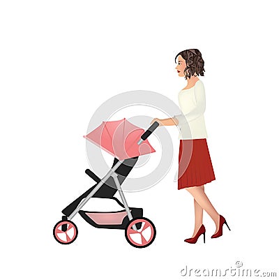 Woman push baby stroller Vector Illustration