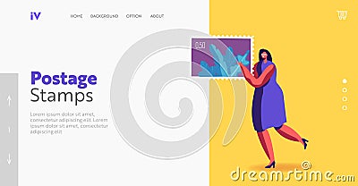 Woman Engage in Philately Stamps Hobby Landing Page Template. Tiny Philatelist Character Carry Huge Postmark in Hands Vector Illustration