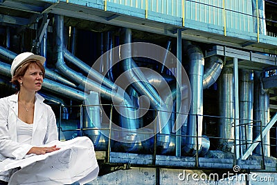 Woman engineer, equipment, cables and piping Stock Photo