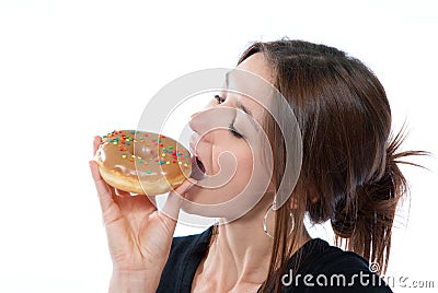 Woman enjoy chocolate donut cake Stock Photo