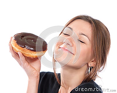 Woman enjoy donut. Unhealthy junk food concept Stock Photo