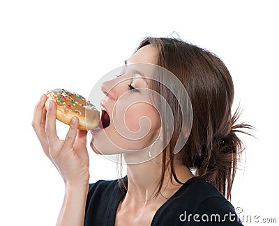 Woman enjoy donut. Unhealthy junk food concept Stock Photo