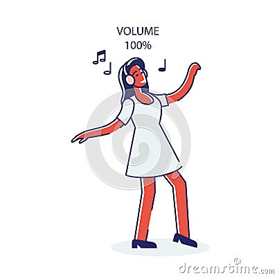 Woman enjoy music in earphones on high volume. Cartoon african female listen music loudly Vector Illustration