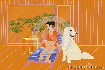 Woman enjoy nature at country house with pet Vector Illustration