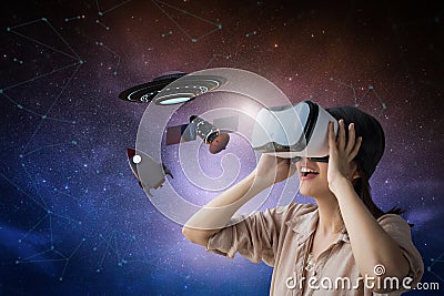 Woman enjoy vr experience Stock Photo