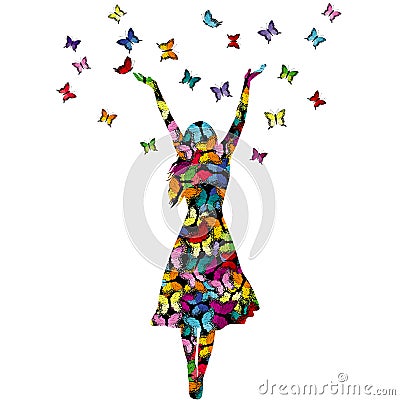 Woman enjoying life with raised arms and colored butterflies flying Vector Illustration