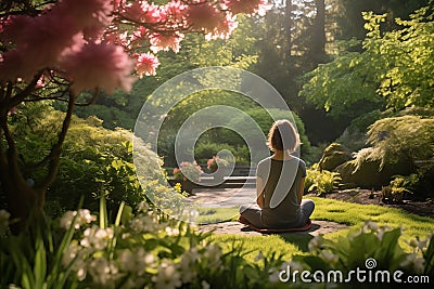 Woman enjoying moment of solitude in tranquil garden. Generative AI Stock Photo