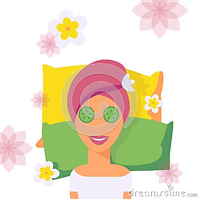 Woman enjoying spa facial treatment, vector illustration. Wellness center relaxing procedure, professional skin care Vector Illustration