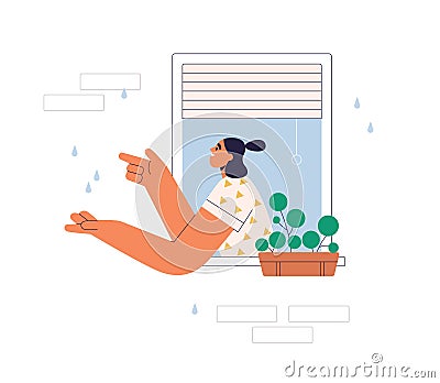 Woman enjoying summer rain, looking outside open window at home. Girl happy with warm rainy weather outdoors, stretching Vector Illustration