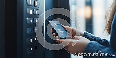 Woman entering secret key code for getting access and passing building using application on mobile phone Stock Photo