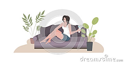 Woman epilating legs girl sitting on sofa using modern laser epilator hair removal skin care concept horizontal full Vector Illustration