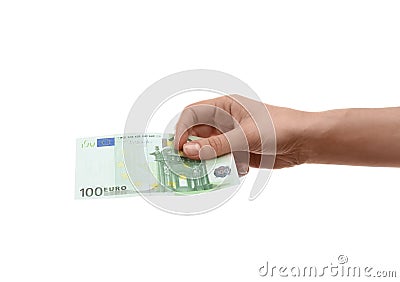 Woman with euro banknote on background, closeup. Money and finance Stock Photo