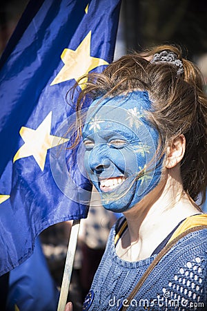 Woman with a Europe flag face Editorial Stock Photo