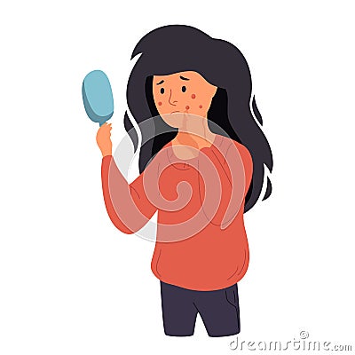 A woman examines her face in a mirror. Acne, skin problems and acne. Vector Illustration