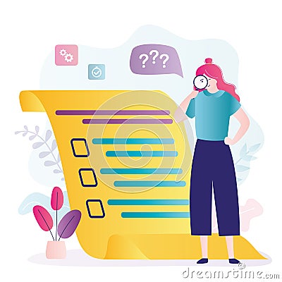 Woman examines to-do list with magnifying glass. Female character starts to do tasks from list Vector Illustration