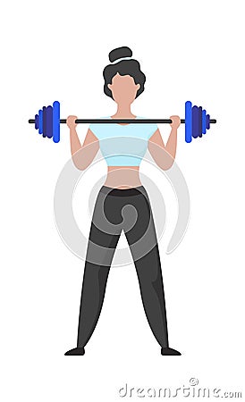 Woman exercising. Cartoon female lifting barbell. Character training with sport equipment. Sportsman raising weights in Vector Illustration