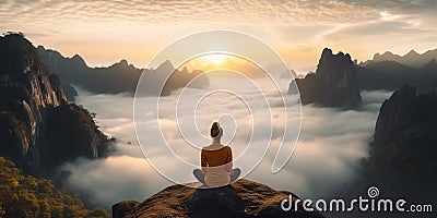 woman exercising, doing yoga Calm and mountain yoga practice In front is a sea of mist Stock Photo