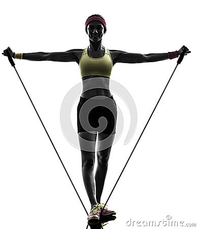 Woman exercising fitness workout resistance bands Stock Photo