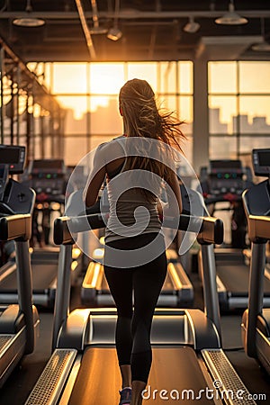 A woman exercising in the gym, running on the treadmill, rear view, shot from behind, Generative AI Stock Photo