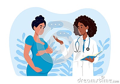 A woman expecting a baby visits the doctors office, examination during pregnancy. A pregnant woman is talking to an Stock Photo