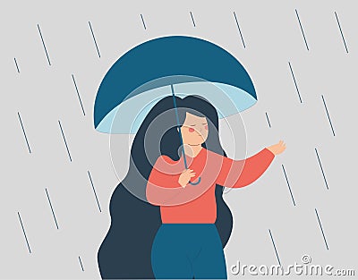 Woman experiences anxiety and intends to step out of her comfort zone. Young teenage girl protects herself from the rain. Vector Illustration