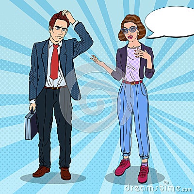 Woman Explaining to Businessman. Business Meeting. Pop Art illustration Vector Illustration