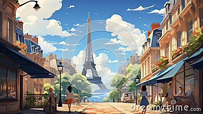 Woman exploring the streets of Paris Cartoon Illustration