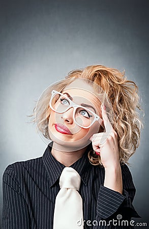 Woman with expression face thinking Stock Photo