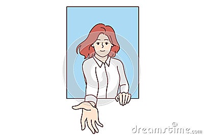 Woman extends hand and says follow me, looking out of window to provide support or free help Vector Illustration