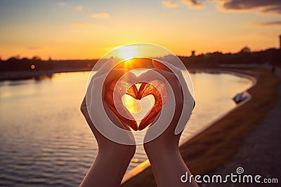 Woman extends her hands toward the sky, forming a heart shape with her fingers. AI Generated Stock Photo