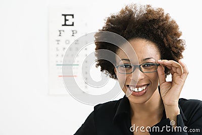 Woman at eye doctor Stock Photo