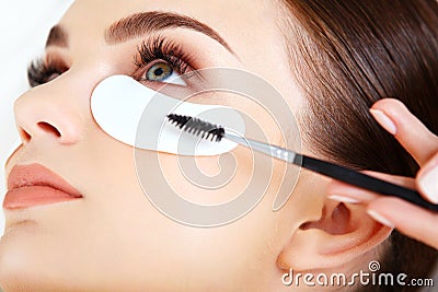 Woman eye with long eyelashes. Mascara Brush. Stock Photo