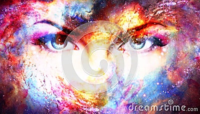 Woman eyes in cosmic background. Eye contact. Stock Photo