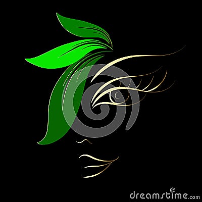 Woman face abstract silhouette. Hairstyle modern fashion design. Gold line art face on the black background. Green leaves. Ecology Vector Illustration