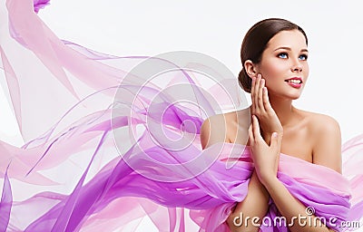 Woman Face Beauty, Fashion Model and Waving Fabric, Silk Cloth Stock Photo